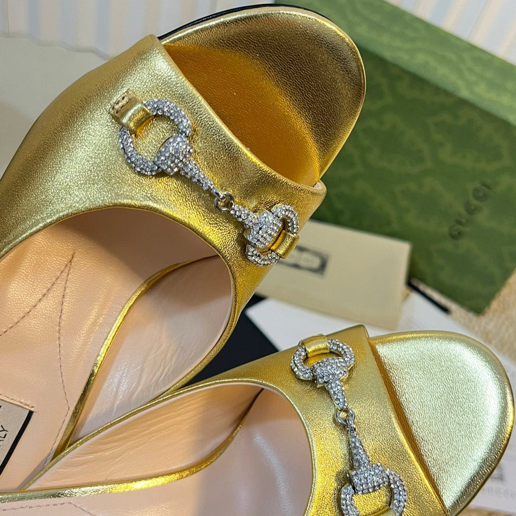 GG  Women's Horsebit mid-heel slide sandal in Gold