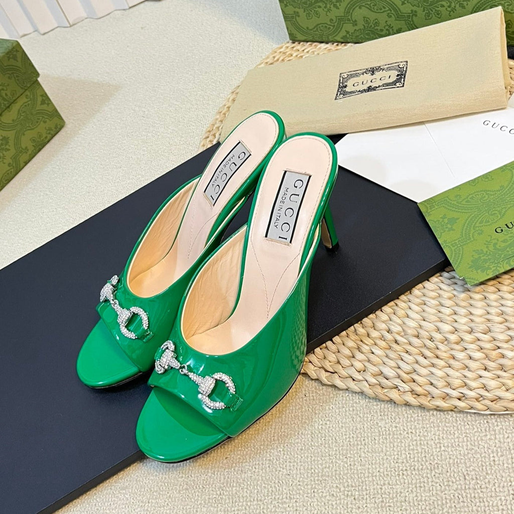GG  Women's Horsebit mid-heel slide sandal in glossy Jade Green