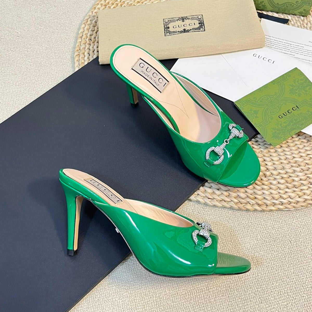 GG  Women's Horsebit mid-heel slide sandal in glossy Jade Green