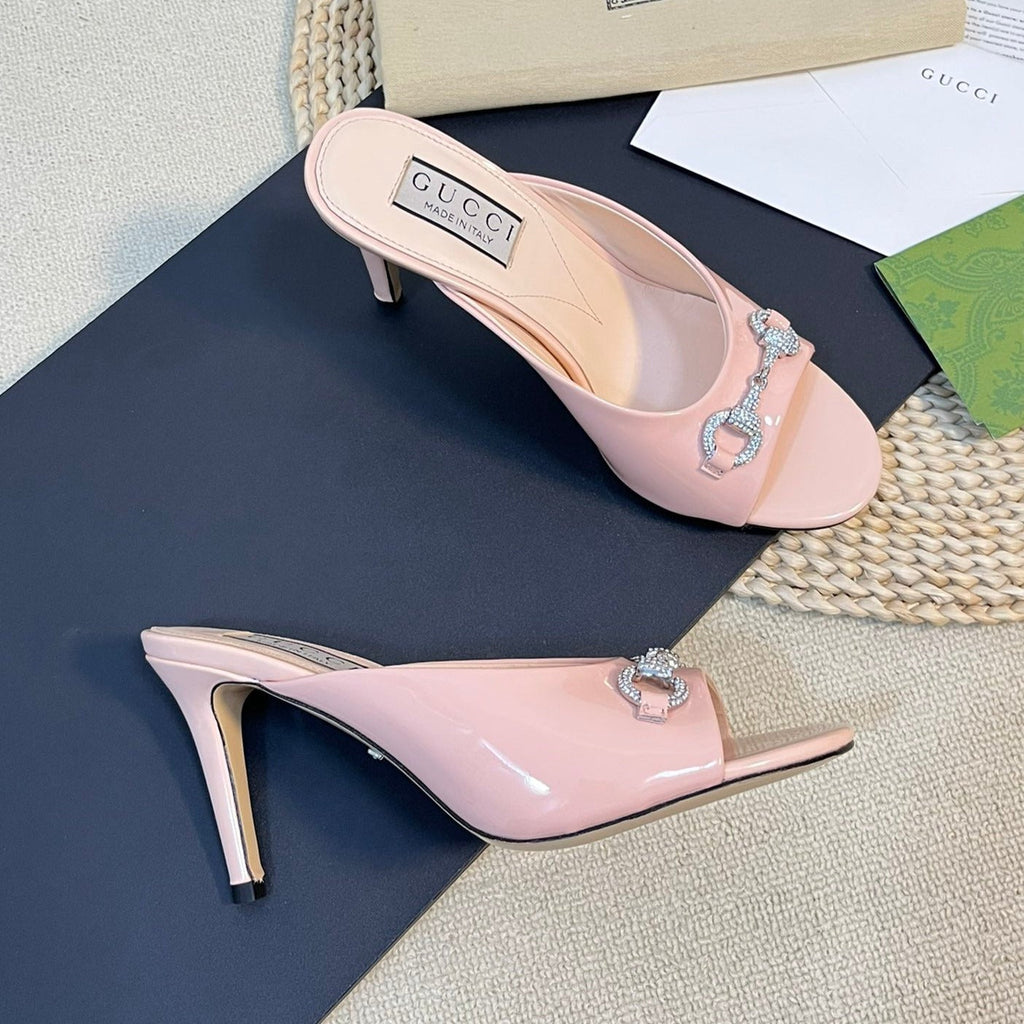 GG  Women's Horsebit mid-heel slide sandal in glossy Rose Pink