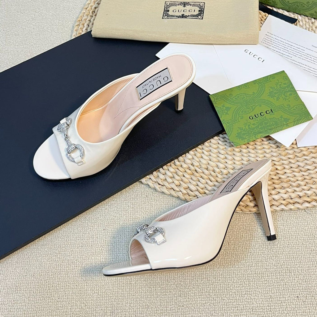 GG  Women's Horsebit mid-heel slide sandal in glossy White leather