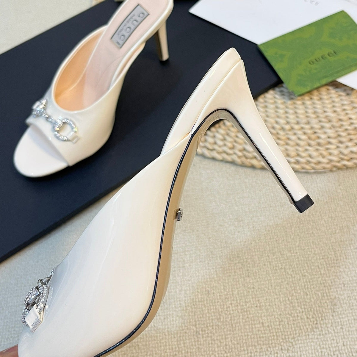 GG  Women's Horsebit mid-heel slide sandal in glossy White leather