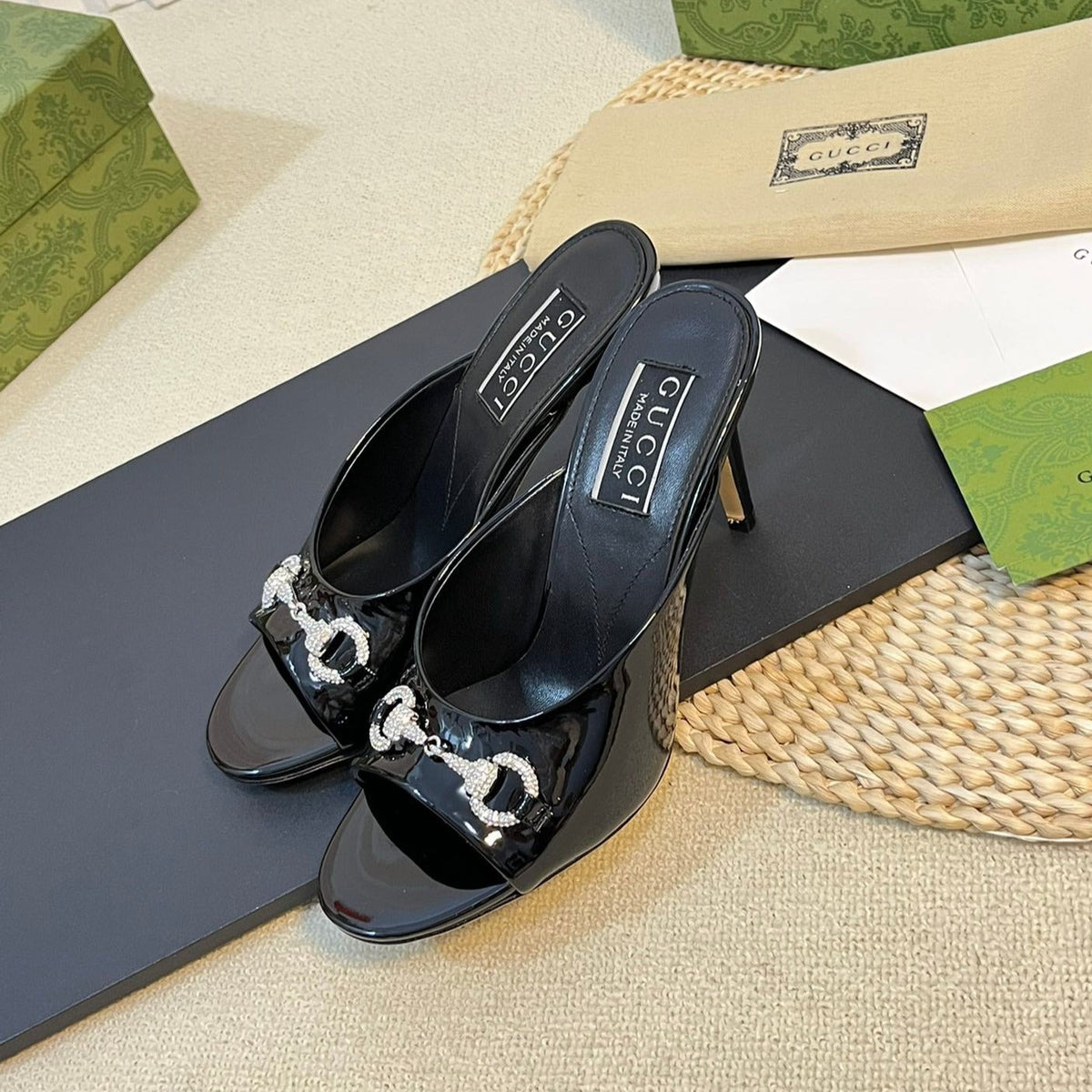 GG  Women's Horsebit mid-heel slide sandal in glossy black leather