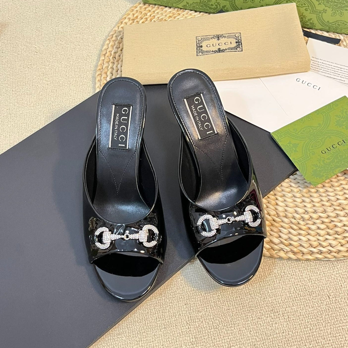 GG  Women's Horsebit mid-heel slide sandal in glossy black leather