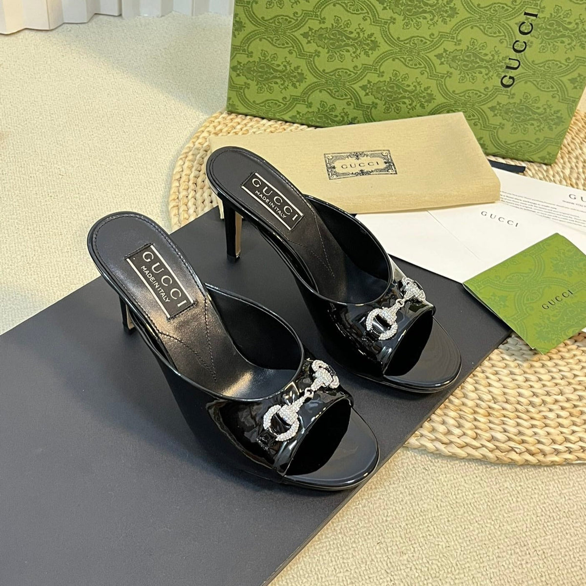GG  Women's Horsebit mid-heel slide sandal in glossy black leather