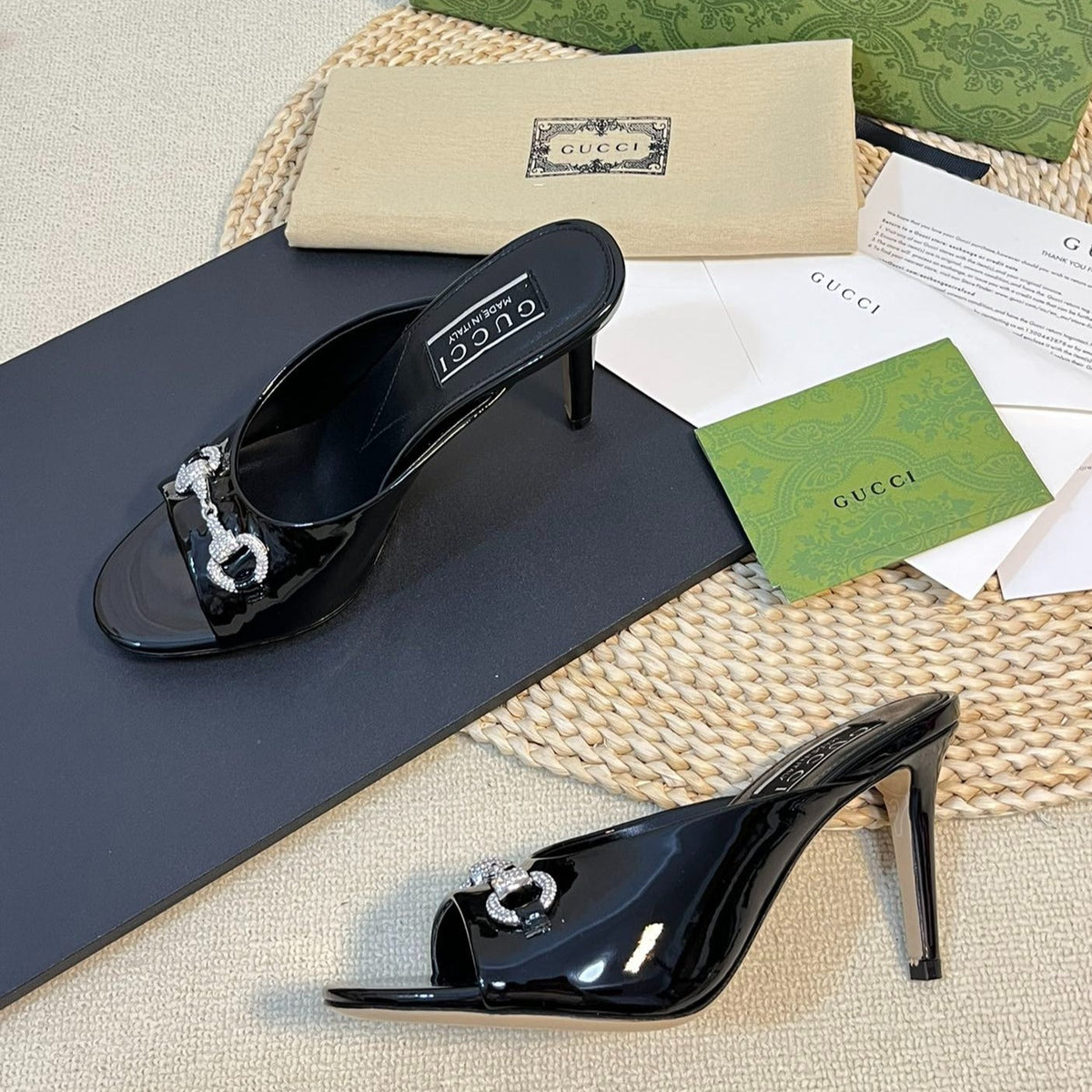 GG  Women's Horsebit mid-heel slide sandal in glossy black leather