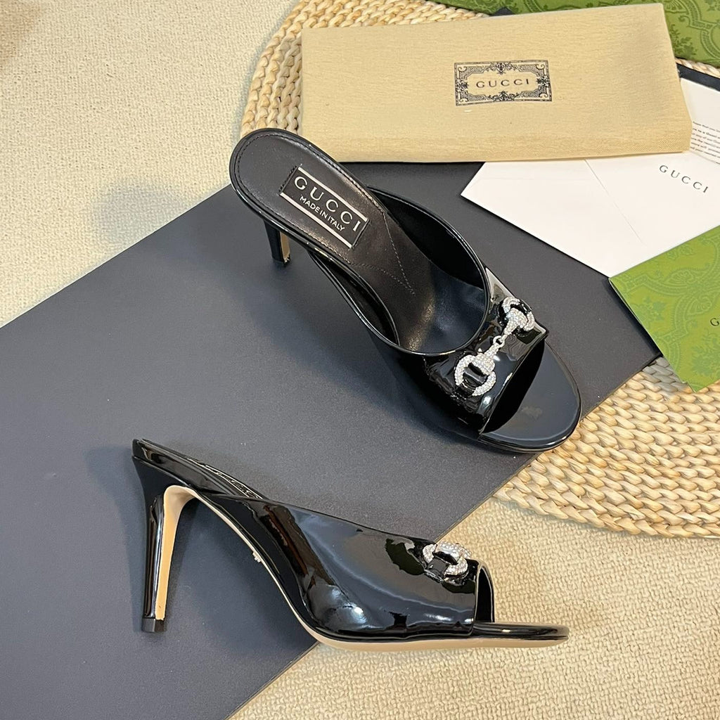 GG  Women's Horsebit mid-heel slide sandal in glossy black leather