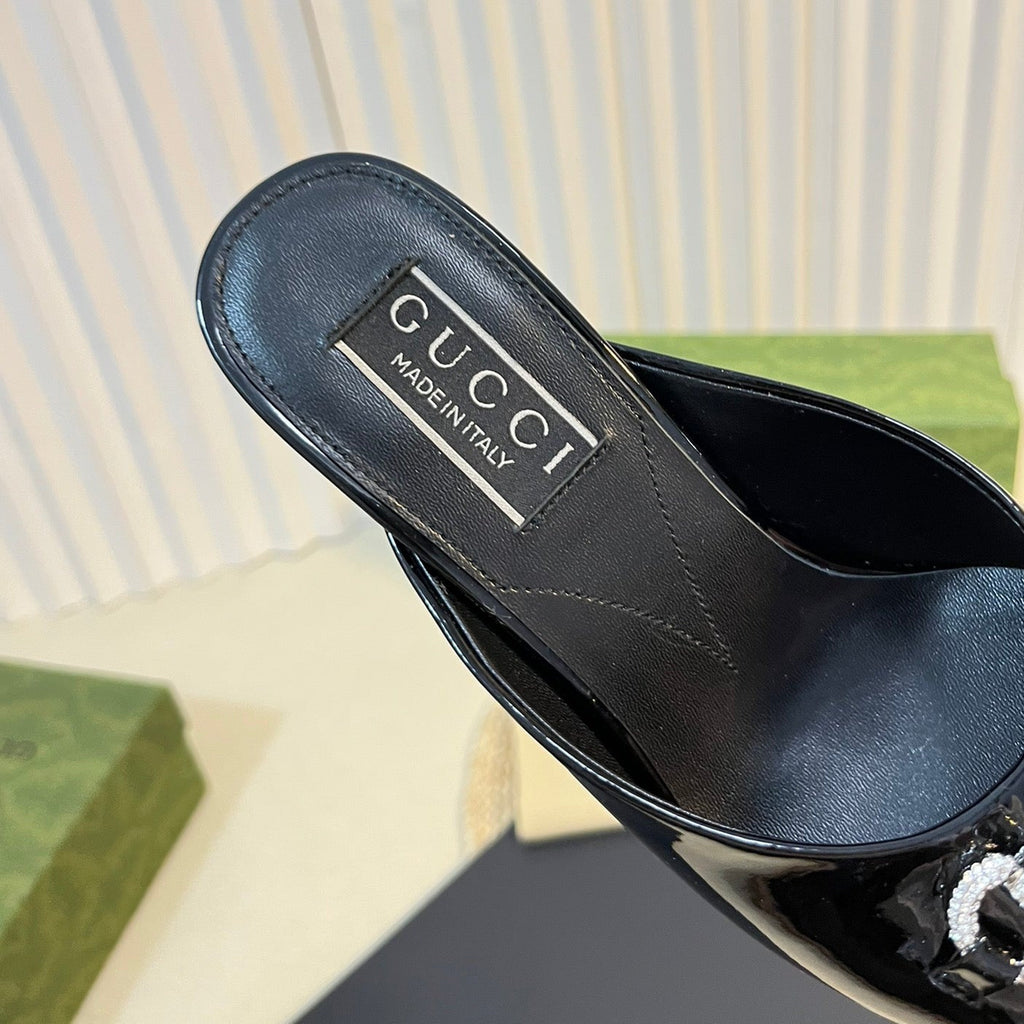 GG  Women's Horsebit mid-heel slide sandal in glossy black leather