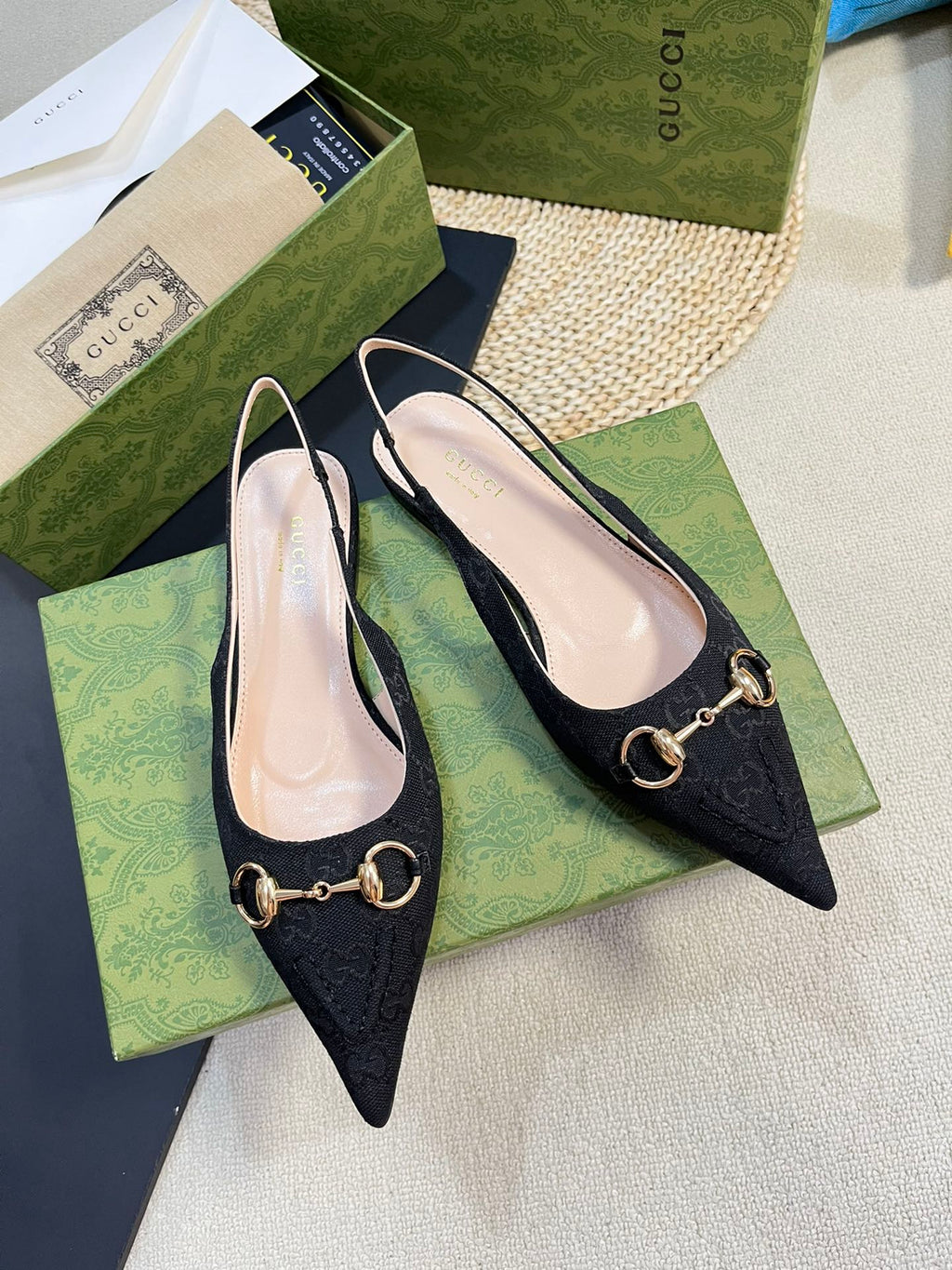 GC Horsebit Slingback Pump 10mm Black Canvas Sheepskin 294552