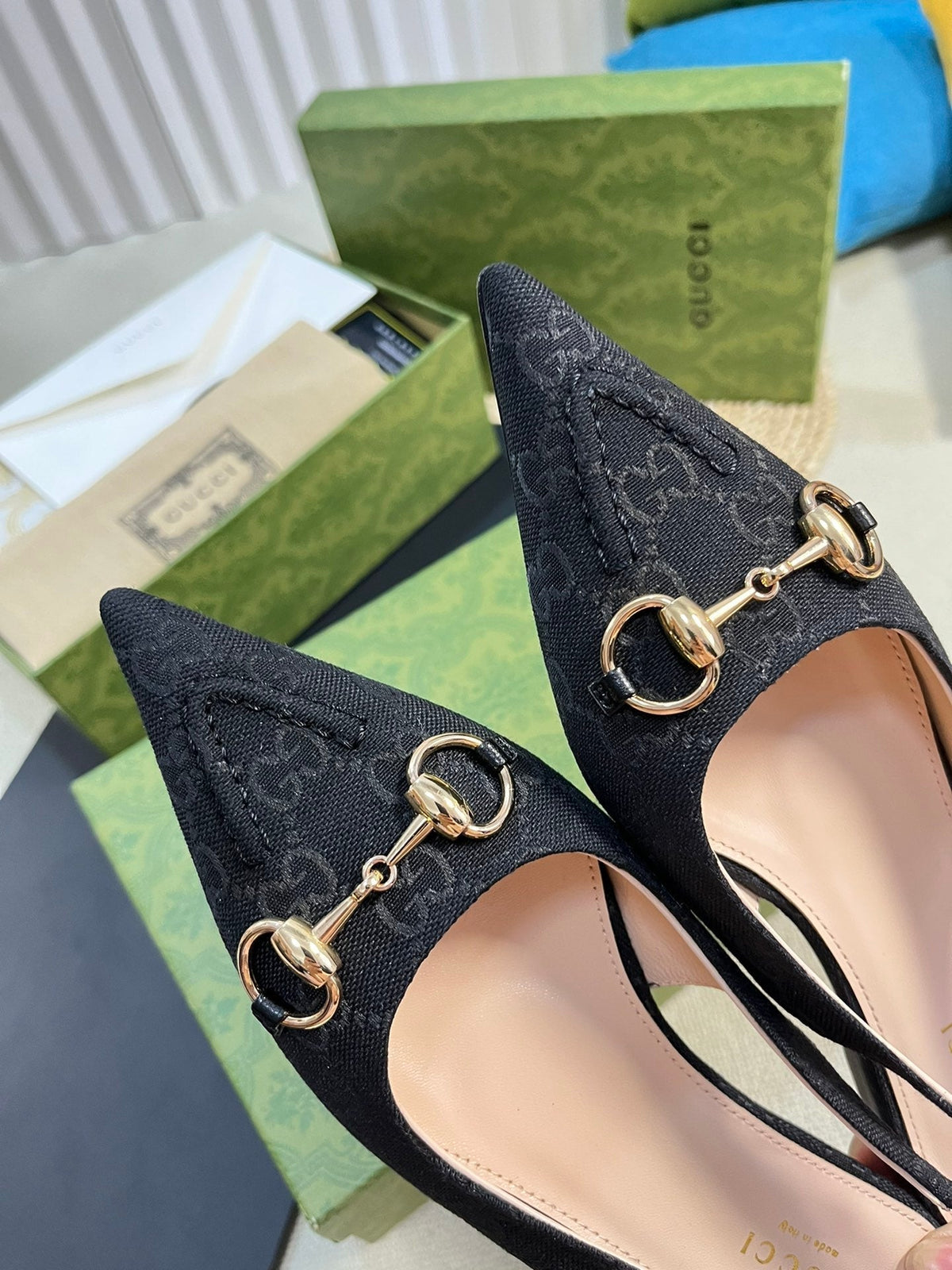 GC Horsebit Slingback Pump 10mm Black Canvas Sheepskin 294552