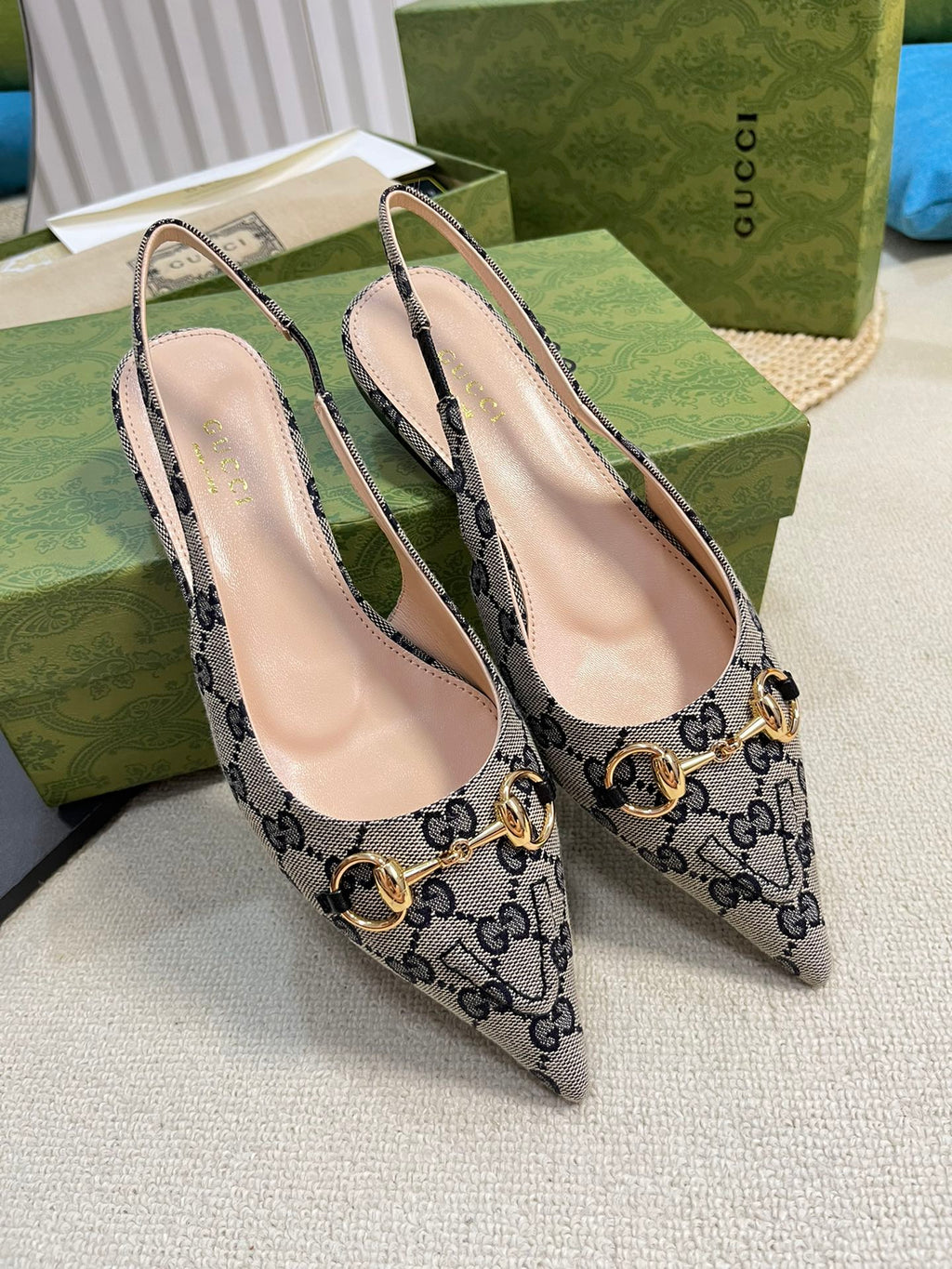 GC Horsebit Slingback Pump 10mm Beige mix Blue Canvas Sheepskin 294553