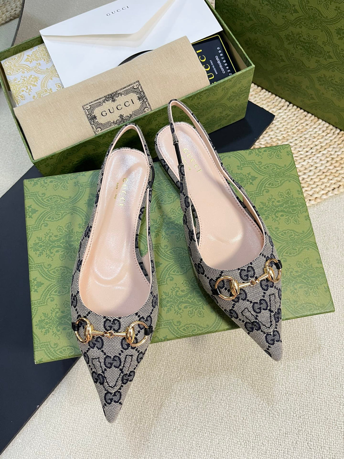 GC Horsebit Slingback Pump 10mm Beige mix Blue Canvas Sheepskin 294553
