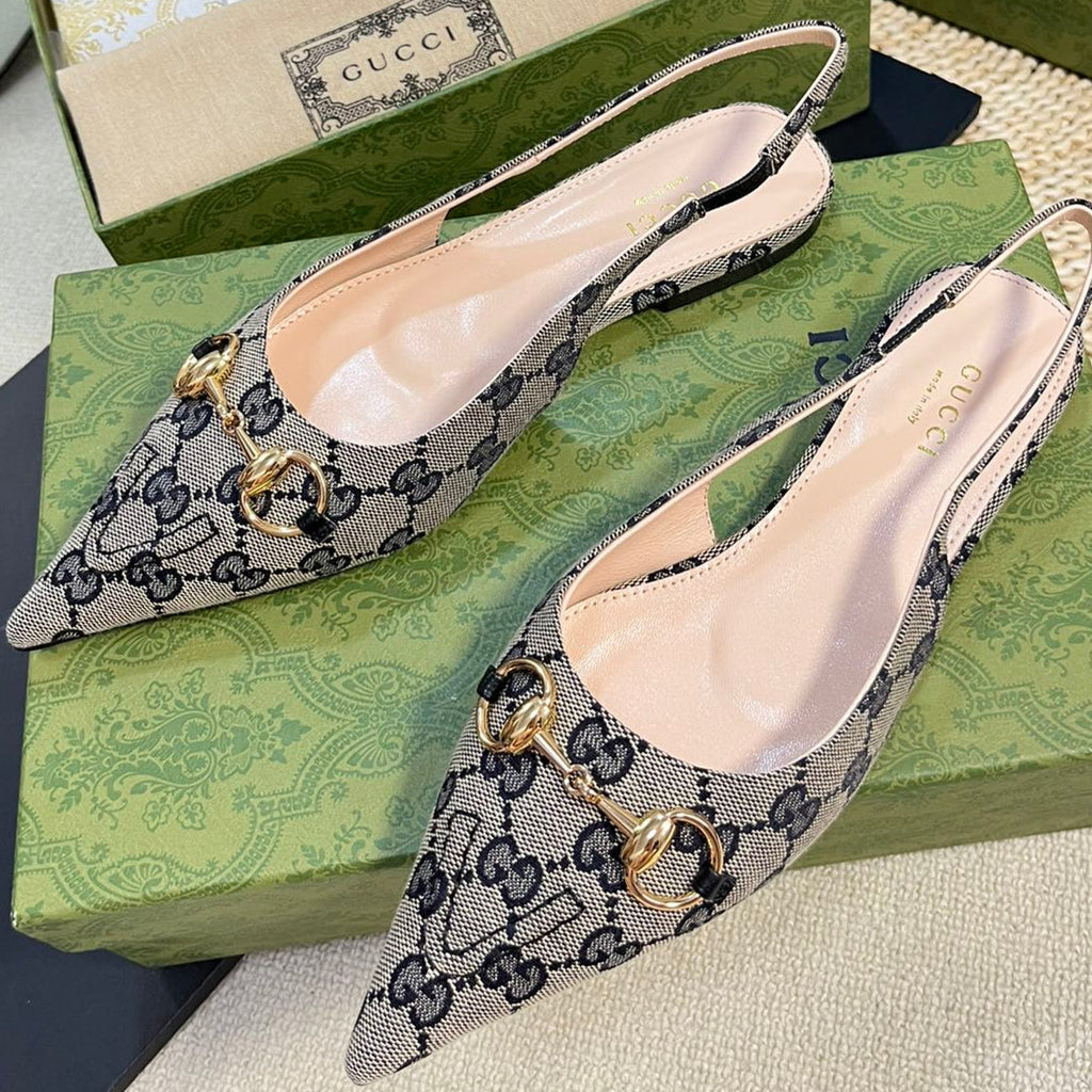 GC Horsebit Slingback Pump 10mm Beige mix Blue Canvas Sheepskin 294553