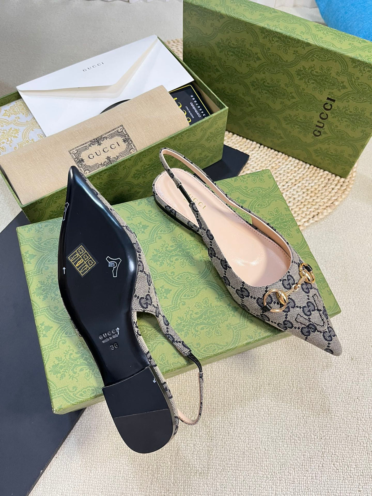 GC Horsebit Slingback Pump 10mm Beige mix Blue Canvas Sheepskin 294553