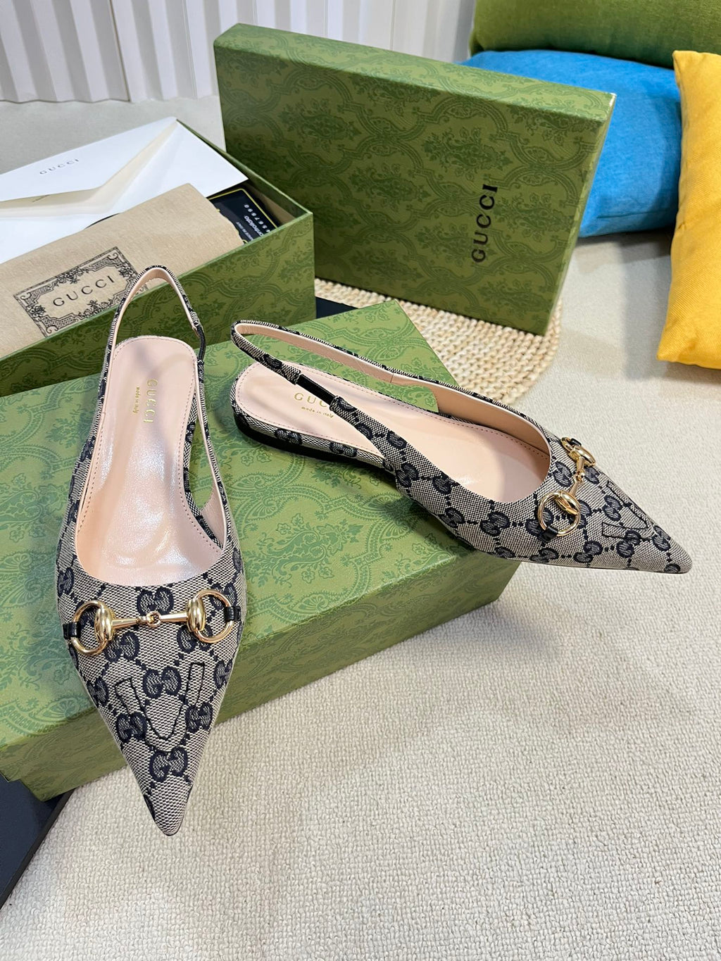 GC Horsebit Slingback Pump 10mm Beige mix Blue Canvas Sheepskin 294553