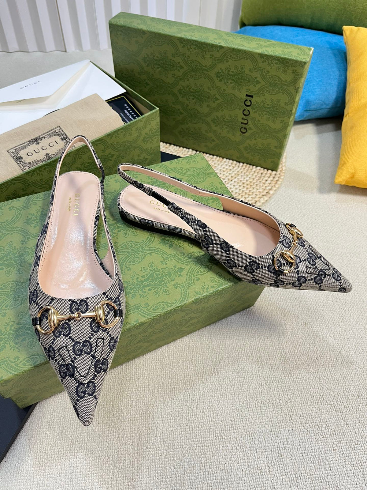 GC Horsebit Slingback Pump 10mm Beige mix Blue Canvas Sheepskin 294553