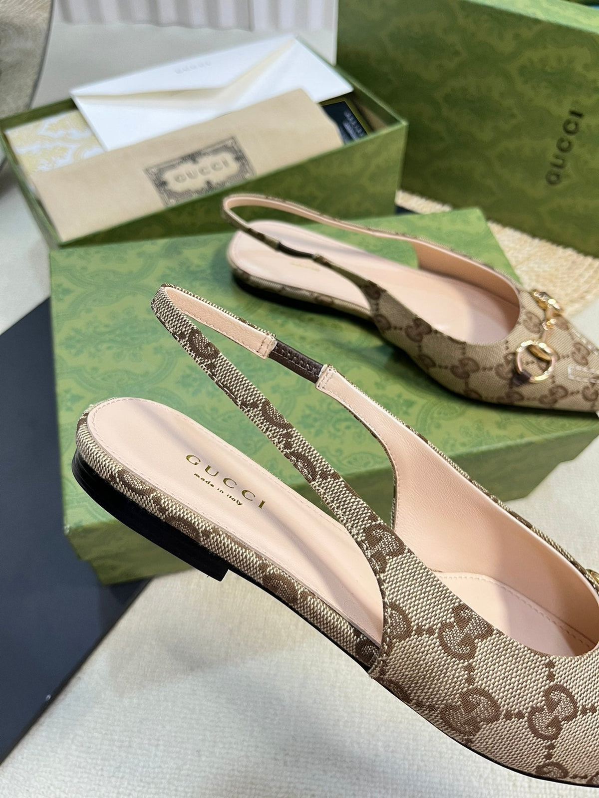 GC Horsebit Slingback Pump 10mm Beige mix Brown Canvas Sheepskin 294554