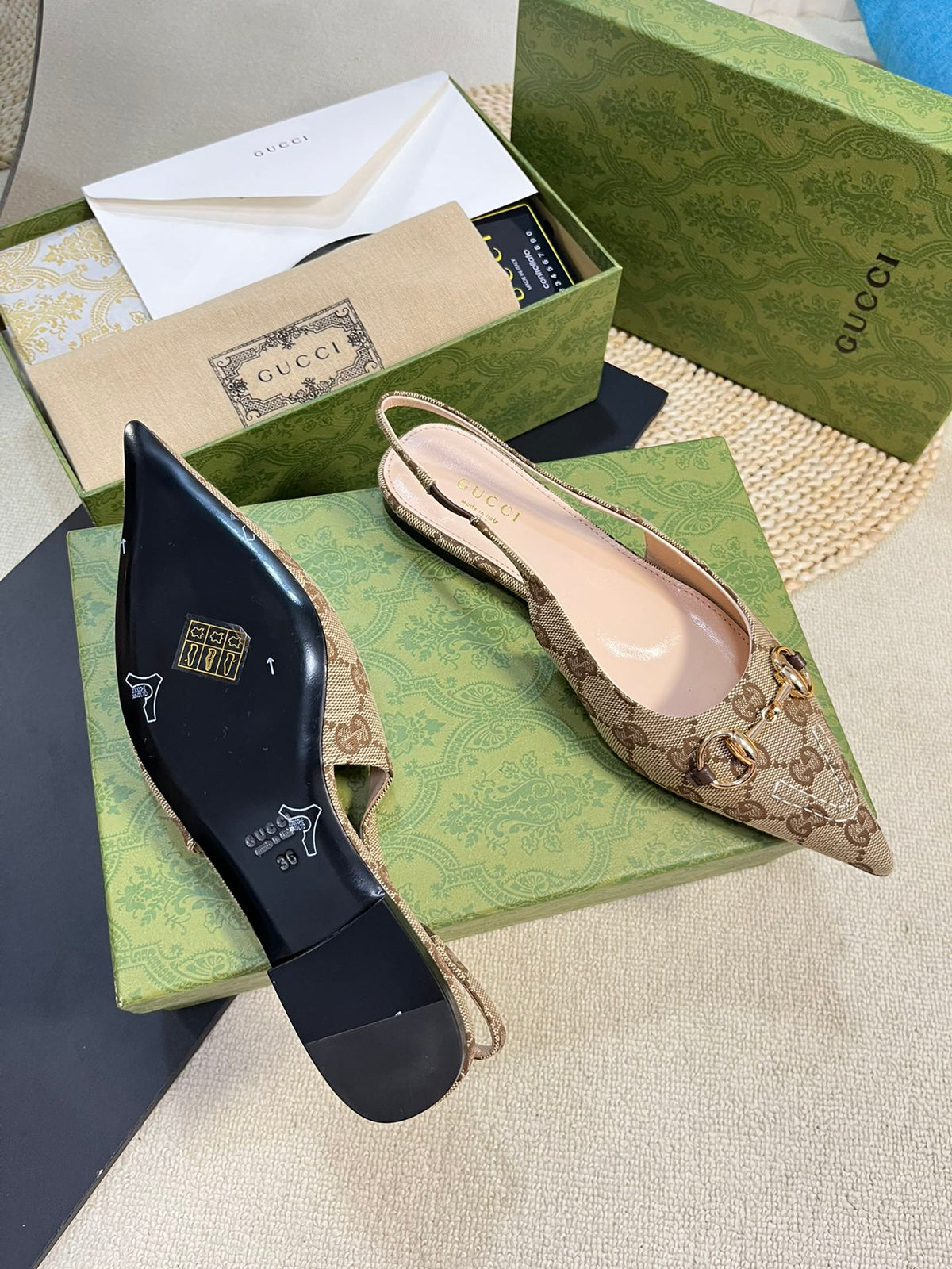 GC Horsebit Slingback Pump 10mm Beige mix Brown Canvas Sheepskin 294554
