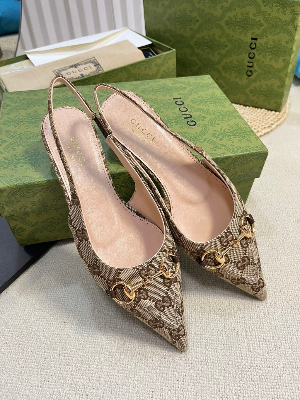 GC Horsebit Slingback Pump 10mm Beige mix Brown Canvas Sheepskin 294554