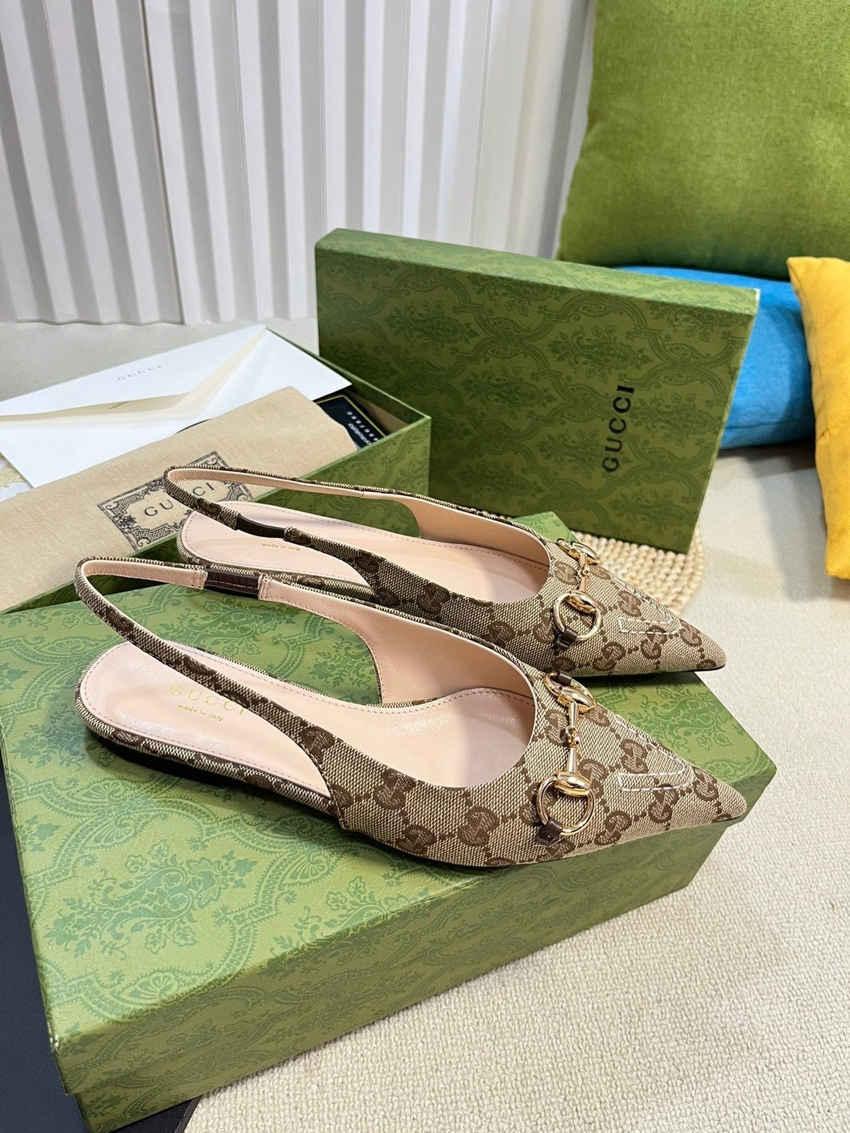 GC Horsebit Slingback Pump 10mm Beige mix Brown Canvas Sheepskin 294554