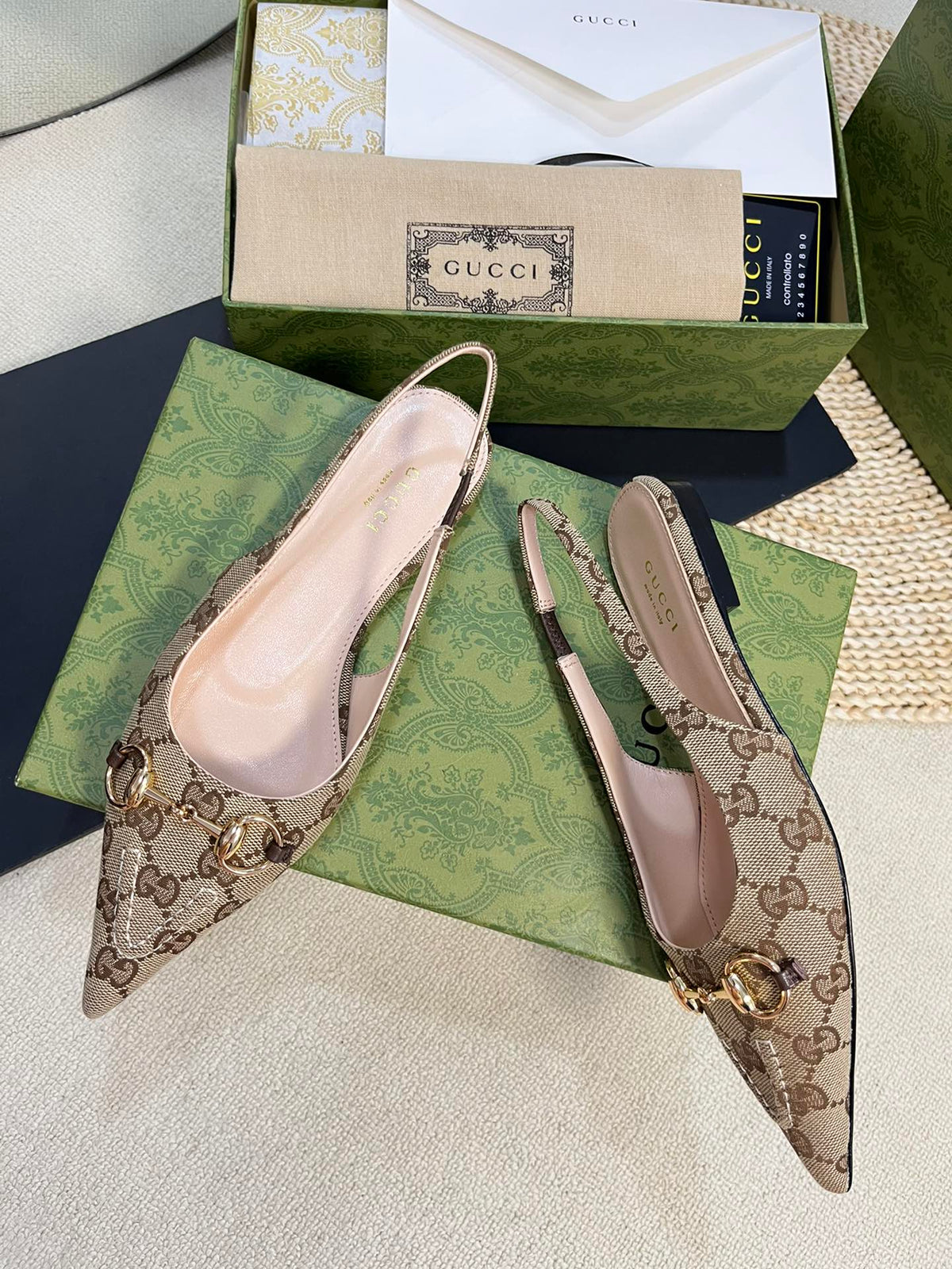 GC Horsebit Slingback Pump 10mm Beige mix Brown Canvas Sheepskin 294554