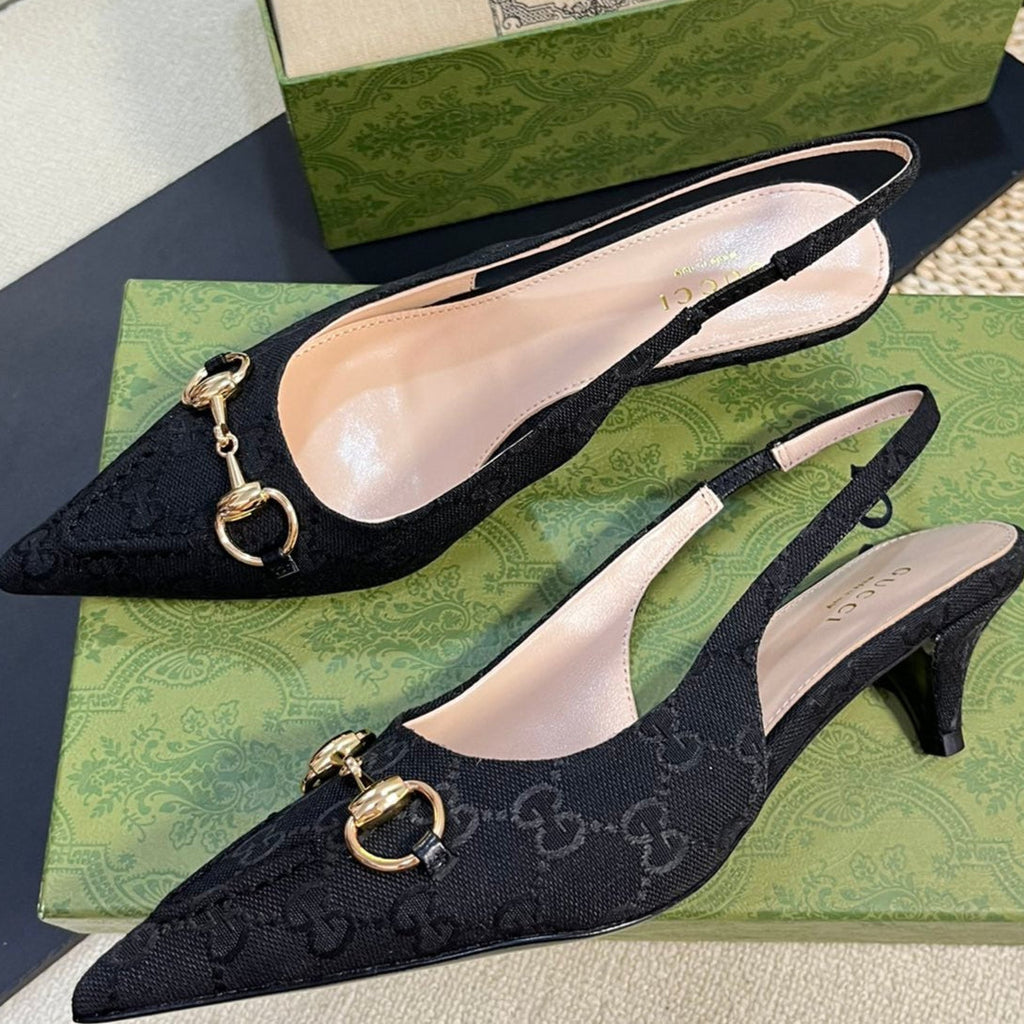 GC Horsebit Slingback Pump 50mm Black Canvas Sheepskin 294558