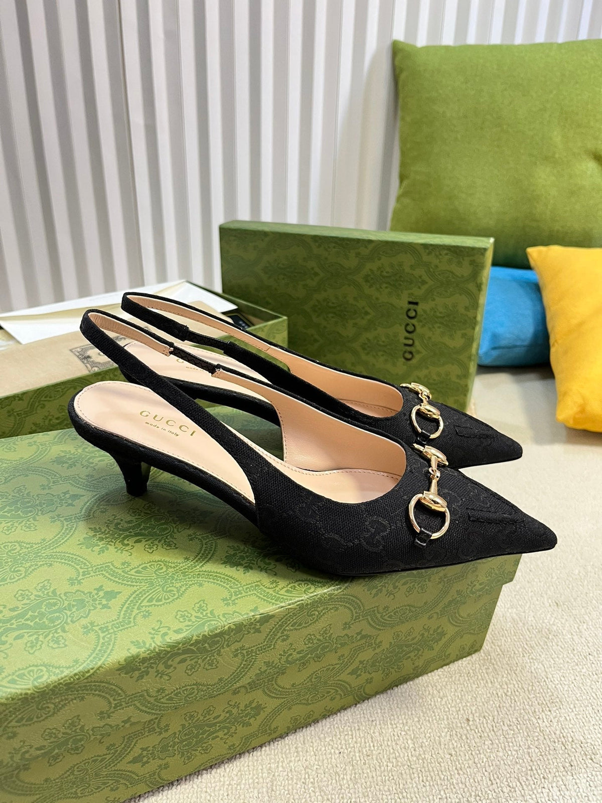 GC Horsebit Slingback Pump 50mm Black Canvas Sheepskin 294558
