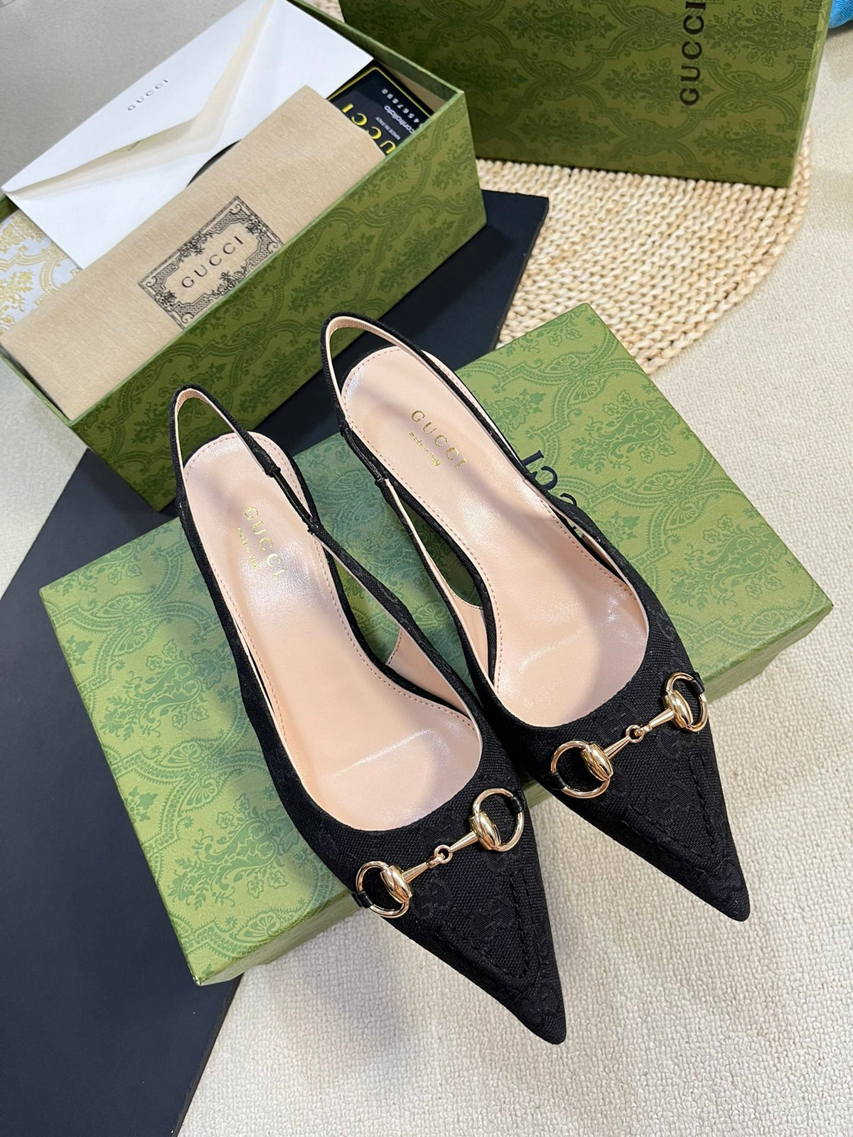 GC Horsebit Slingback Pump 50mm Black Canvas Sheepskin 294558