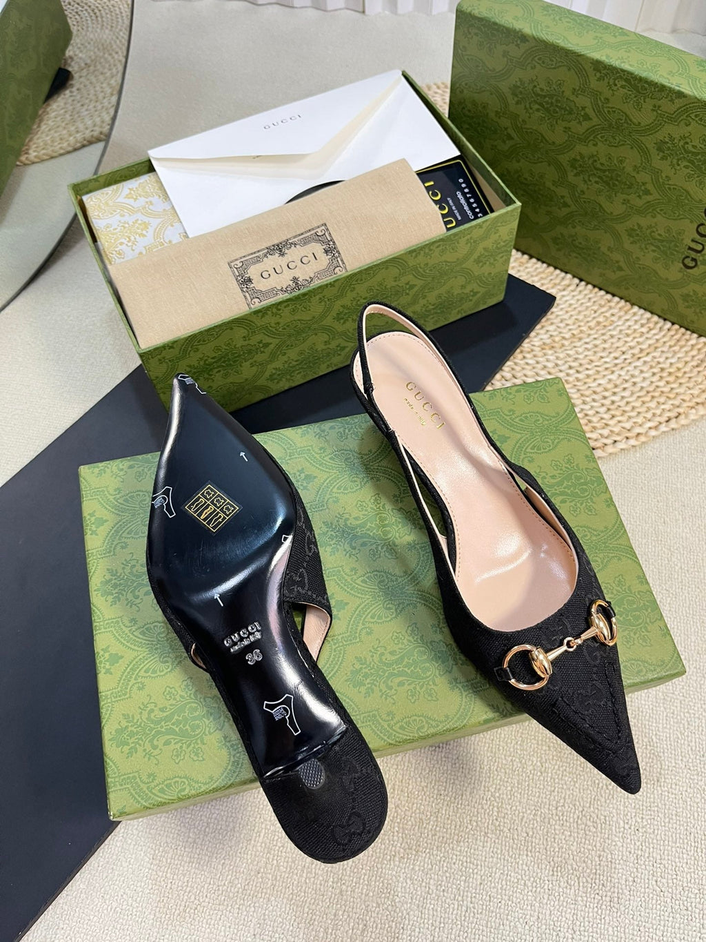 GC Horsebit Slingback Pump 50mm Black Canvas Sheepskin 294558