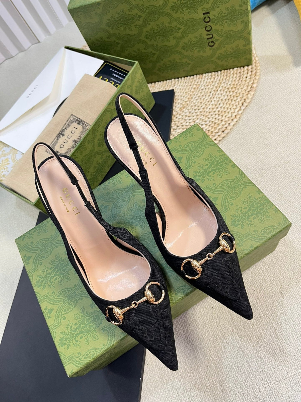 GC Horsebit Slingback Pump 100mm Black Canvas Sheepskin 294564