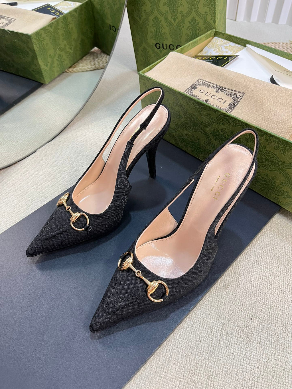 GC Horsebit Slingback Pump 100mm Black Canvas Sheepskin 294564