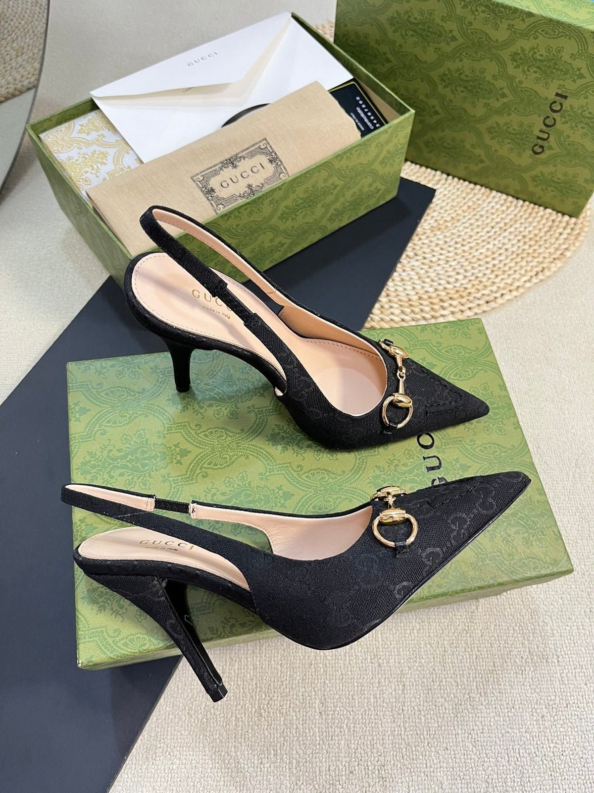 GC Horsebit Slingback Pump 100mm Black Canvas Sheepskin 294564