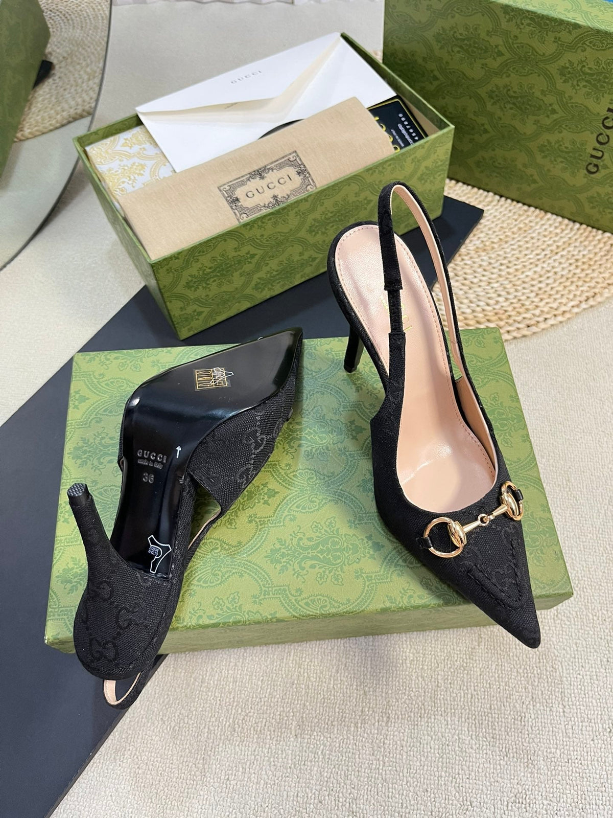 GC Horsebit Slingback Pump 100mm Black Canvas Sheepskin 294564