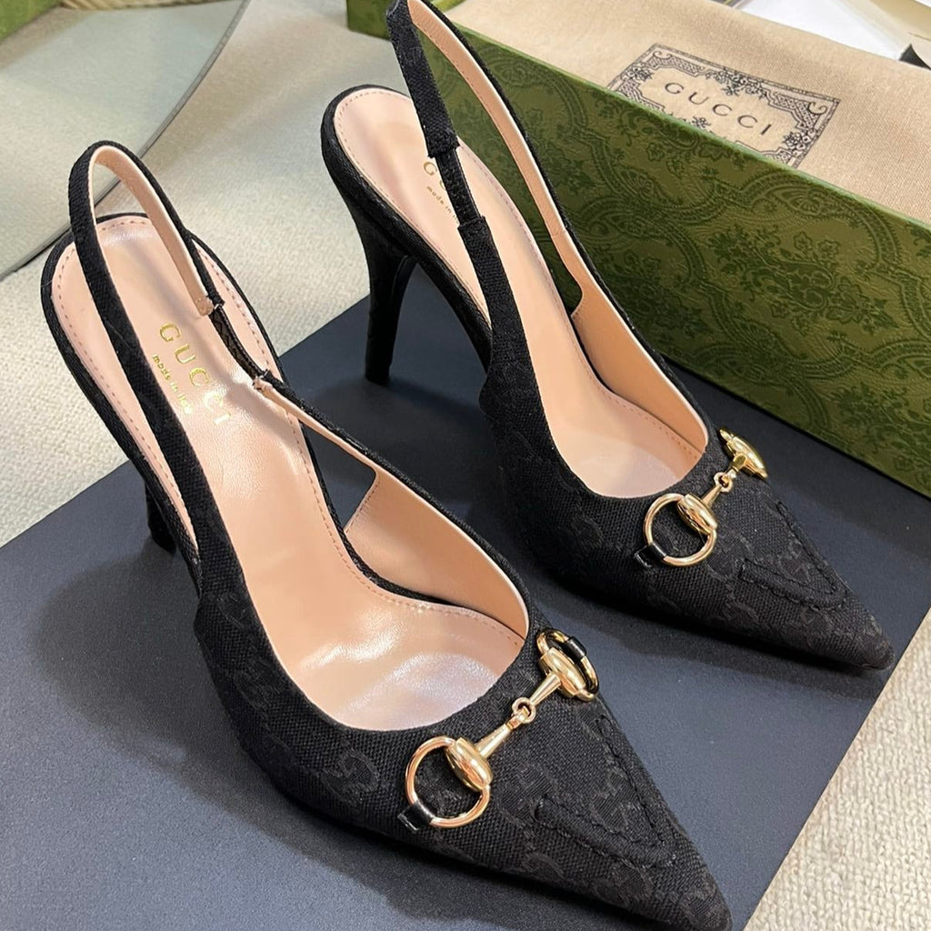 GC Horsebit Slingback Pump 100mm Black Canvas Sheepskin 294564