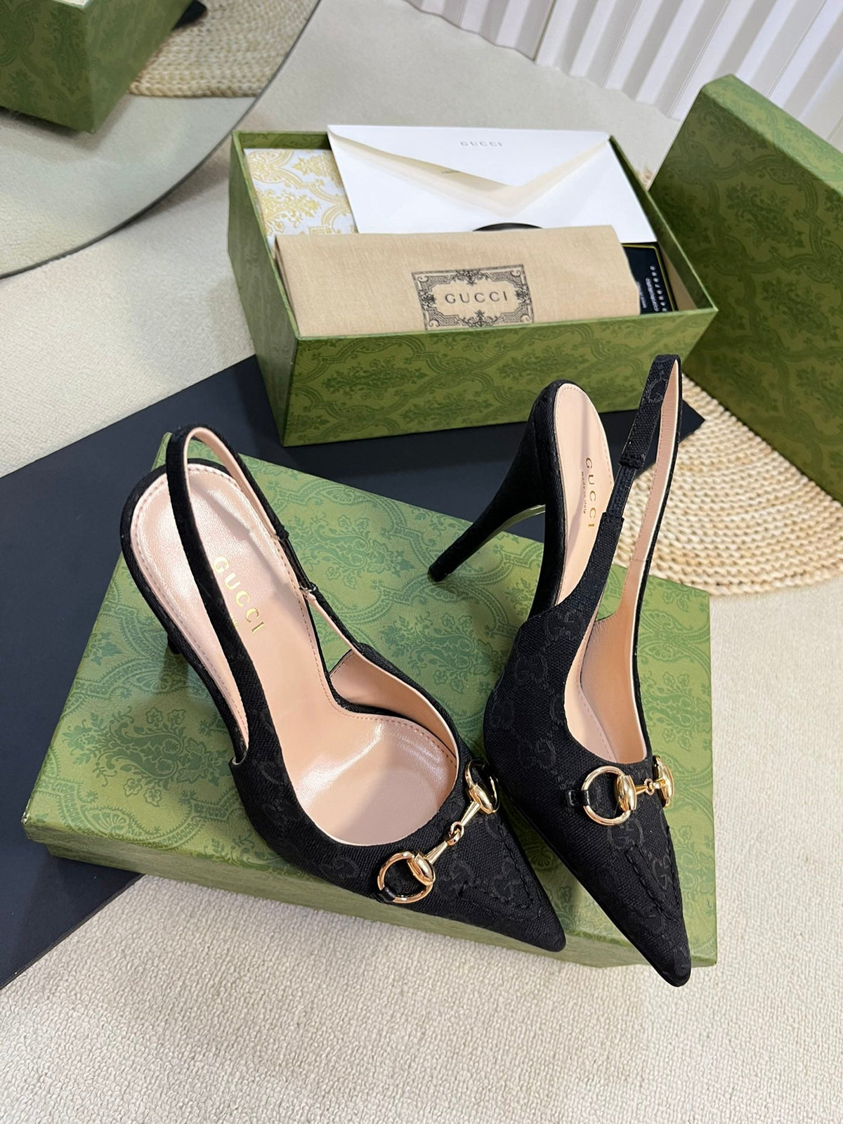 GC Horsebit Slingback Pump 100mm Black Canvas Sheepskin 294564