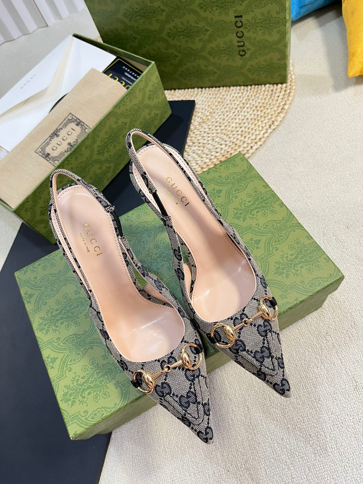 GC Horsebit Slingback Pump 100mm Beige mix Blue Canvas Sheepskin 294565
