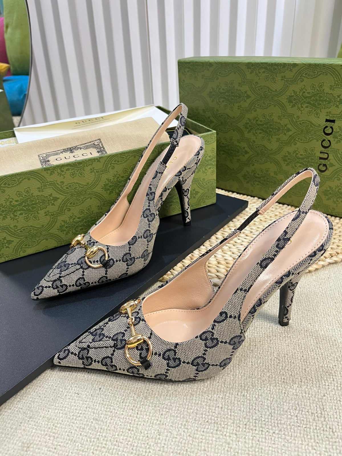 GC Horsebit Slingback Pump 100mm Beige mix Blue Canvas Sheepskin 294565
