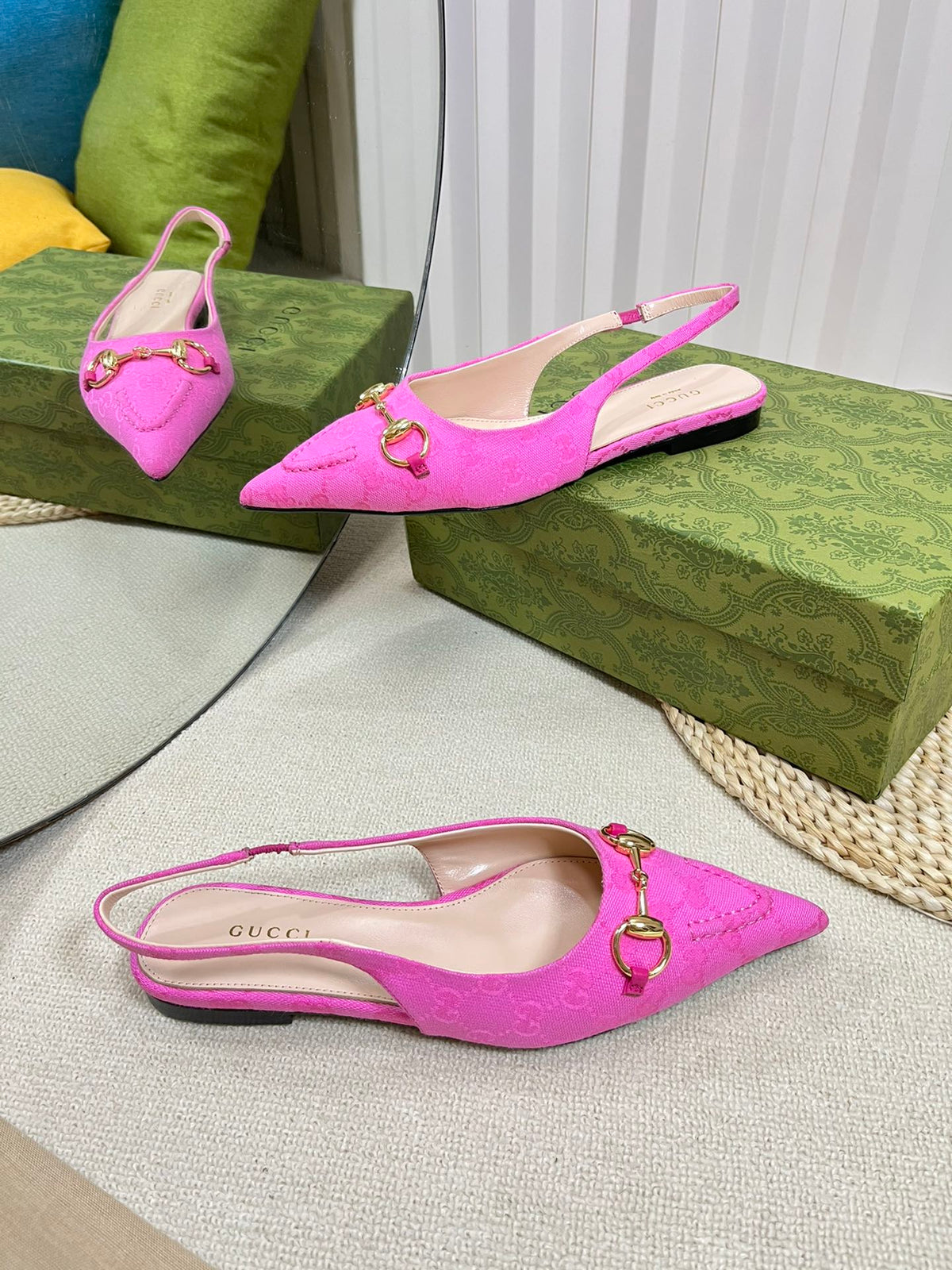 GC Horsebit Slingback Pump 10mm Pink Canvas Sheepskin 294543