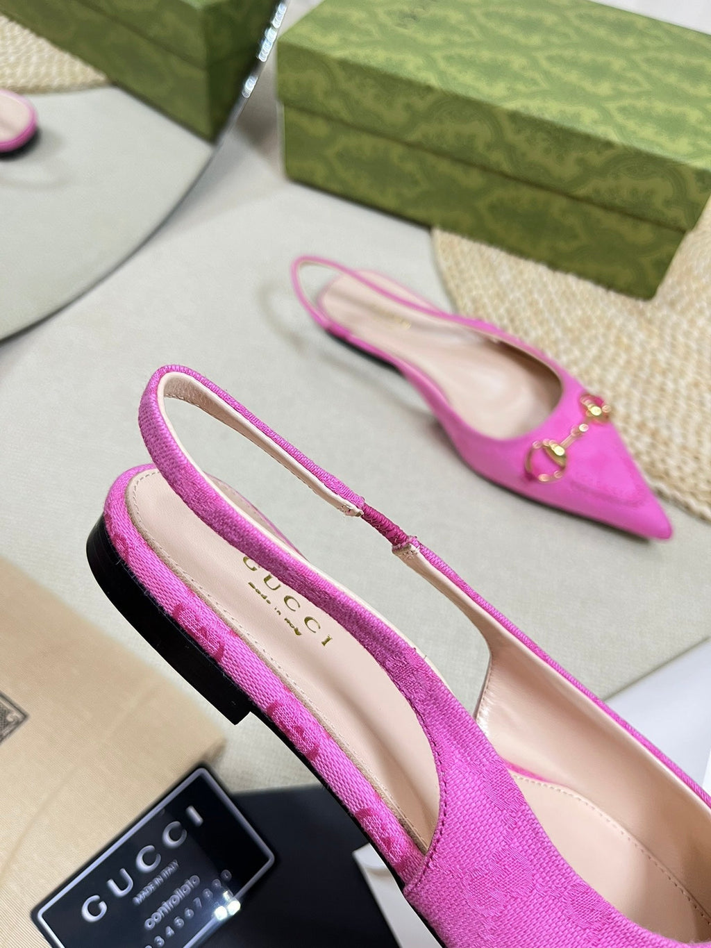GC Horsebit Slingback Pump 10mm Pink Canvas Sheepskin 294543
