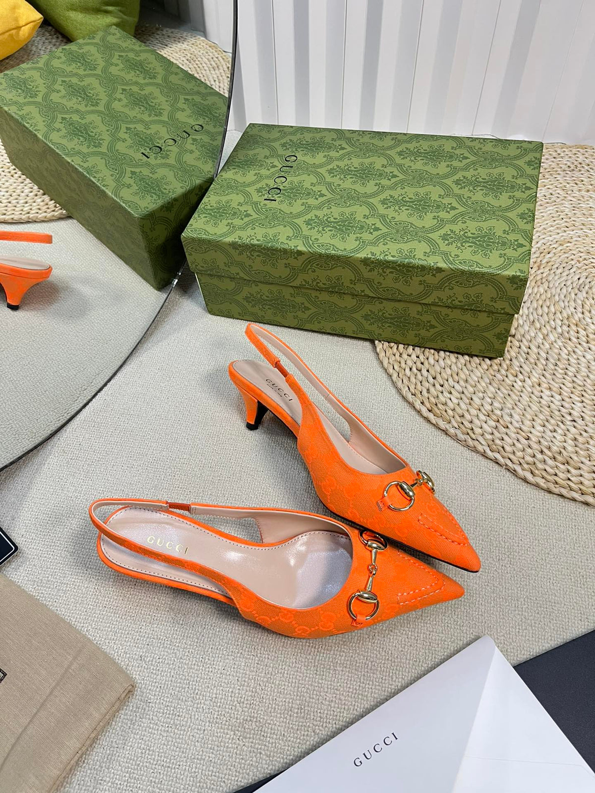 GC Horsebit Slingback Pump 50mm Orange Canvas Sheepskin 294544