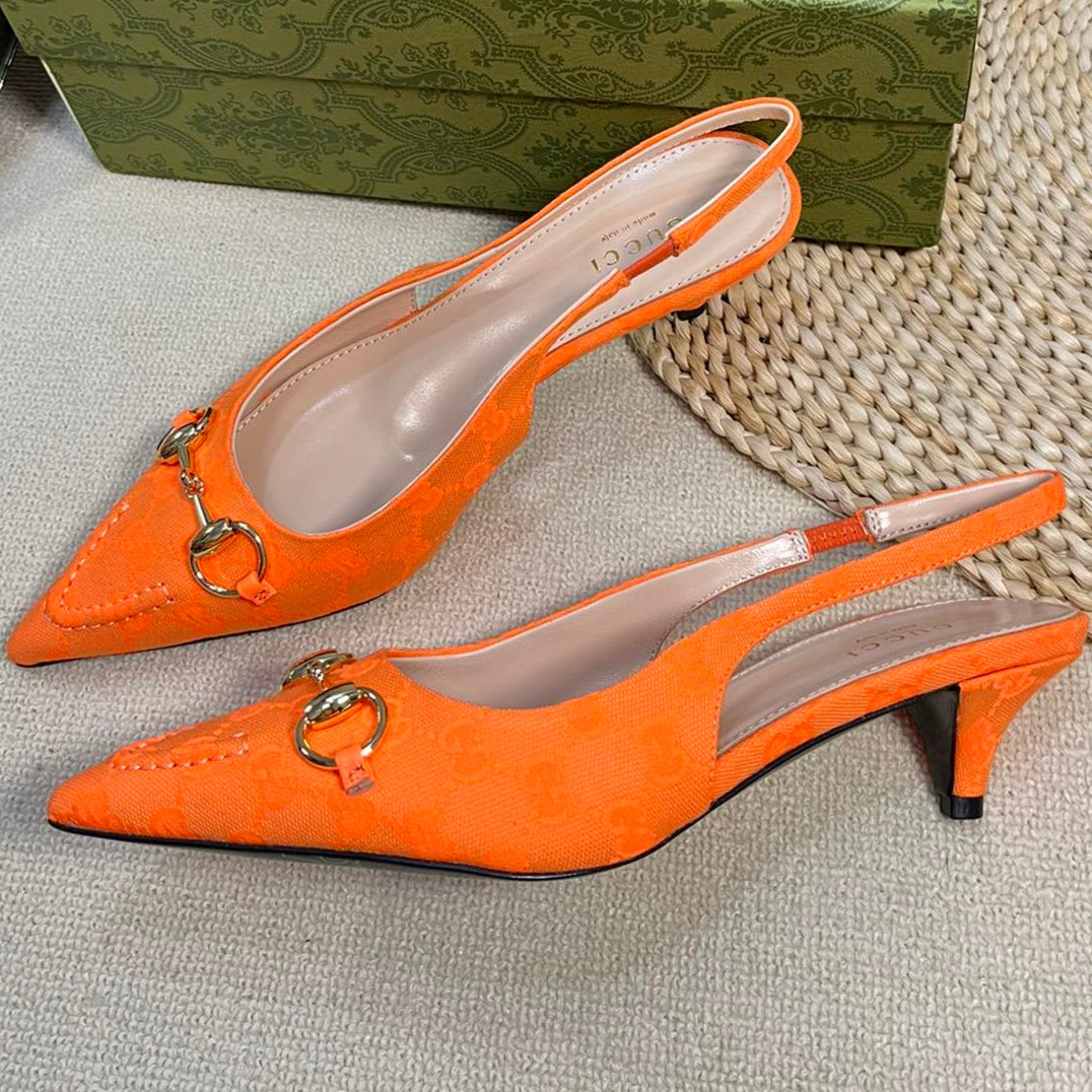 GC Horsebit Slingback Pump 50mm Orange Canvas Sheepskin 294544