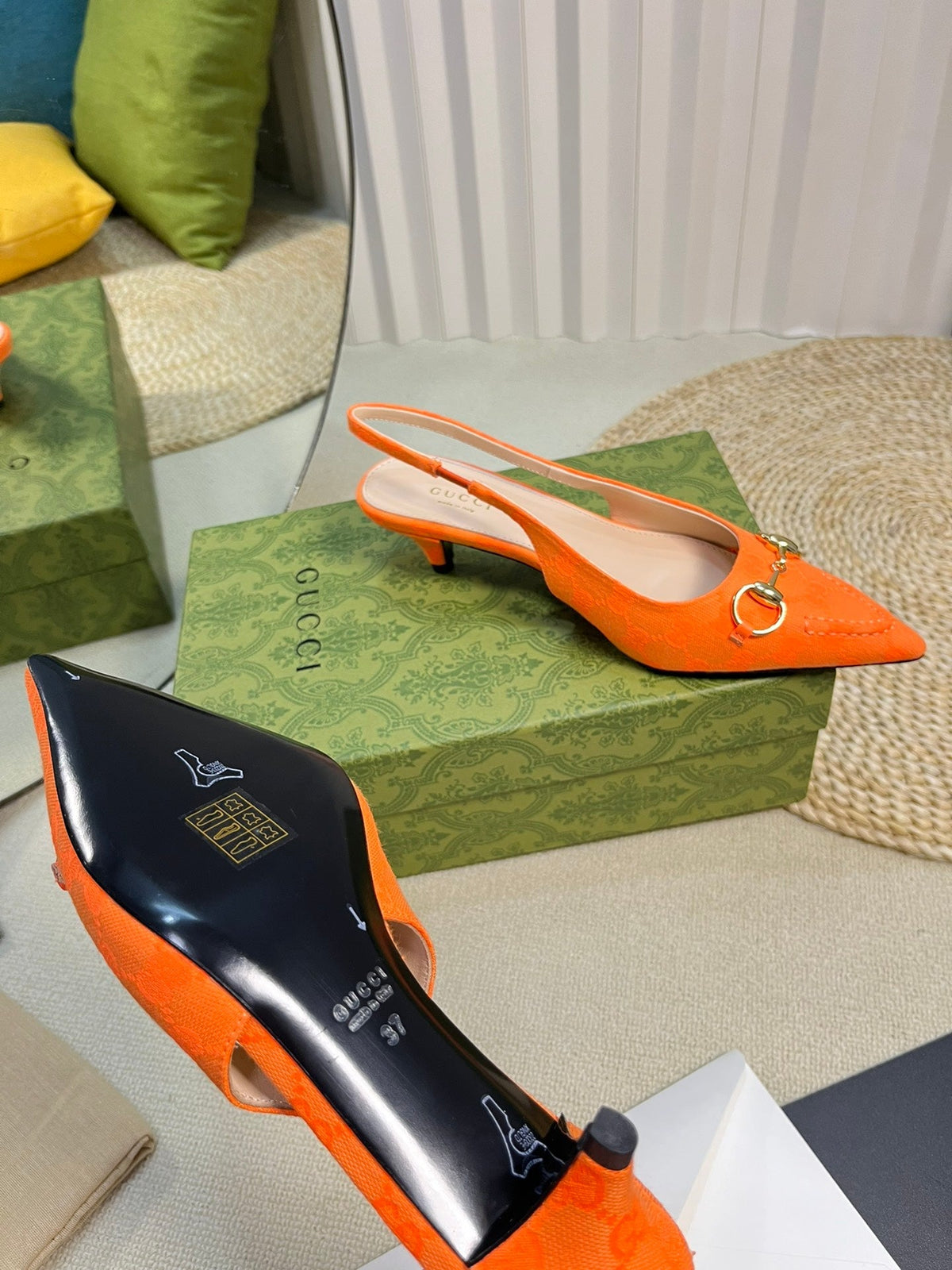 GC Horsebit Slingback Pump 50mm Orange Canvas Sheepskin 294544
