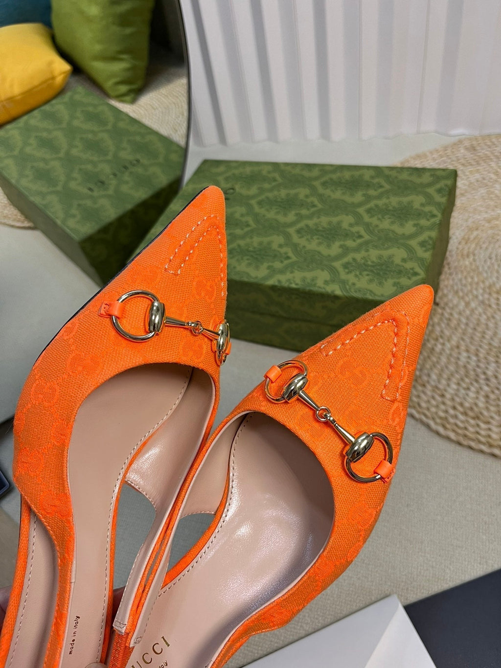 GC Horsebit Slingback Pump 50mm Orange Canvas Sheepskin 294544