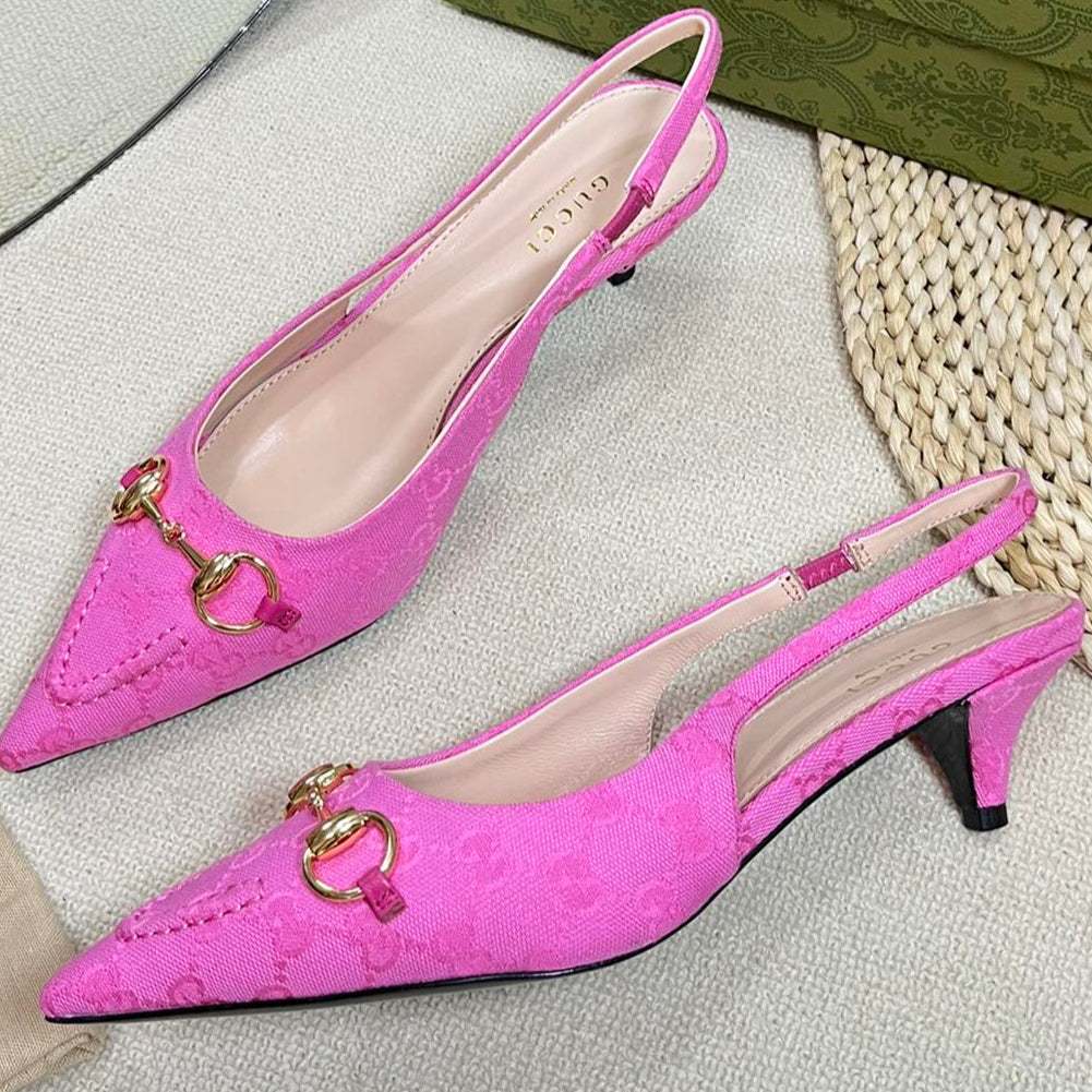 GC Horsebit Slingback Pump 50mm Pink Canvas Sheepskin 294547