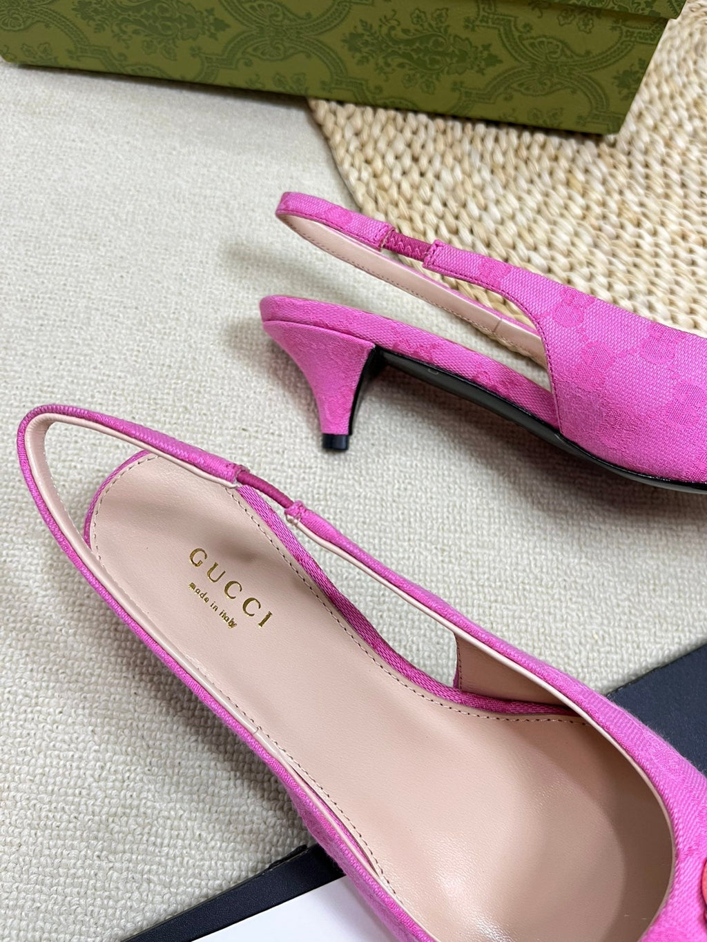 GC Horsebit Slingback Pump 50mm Pink Canvas Sheepskin 294547