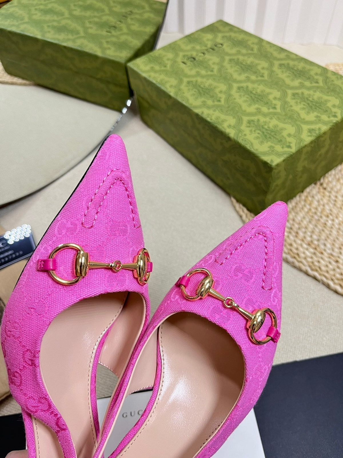 GC Horsebit Slingback Pump 50mm Pink Canvas Sheepskin 294547