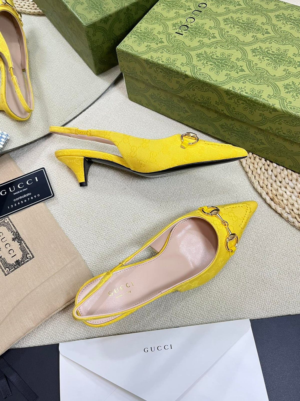 GC Horsebit Slingback Pump 50mm Yellow Canvas Sheepskin 294545