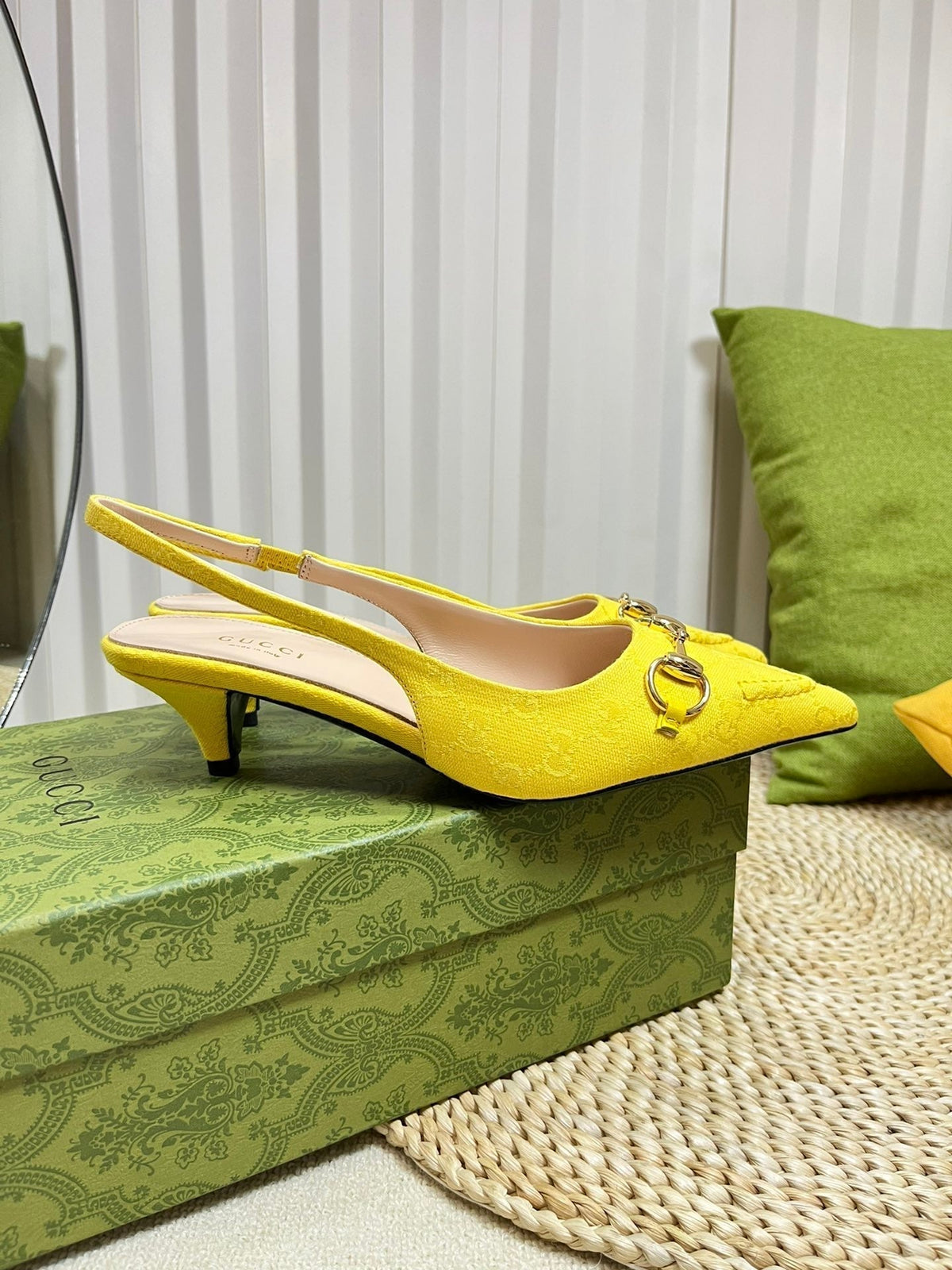 GC Horsebit Slingback Pump 50mm Yellow Canvas Sheepskin 294545