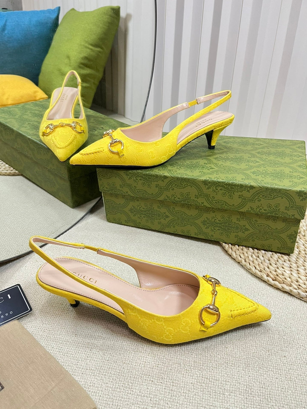 GC Horsebit Slingback Pump 50mm Yellow Canvas Sheepskin 294545