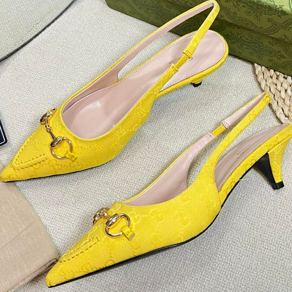 GC Horsebit Slingback Pump 50mm Yellow Canvas Sheepskin 294545